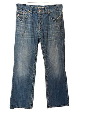 MEK Denim Lincoln Button Fly Bootcut Jeans Distressed Light Wash Size 36x34